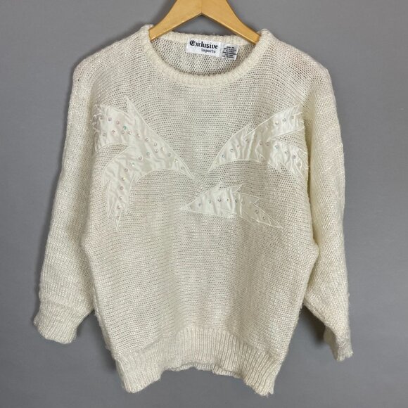 Vintage 80s Sweater Applique Beaded Sequins White Women Medium Batwing Sleeve - Picture 1 of 14